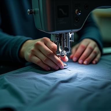 Maquinaria y manos cosiendo ropa técnica en el taller VitalModa